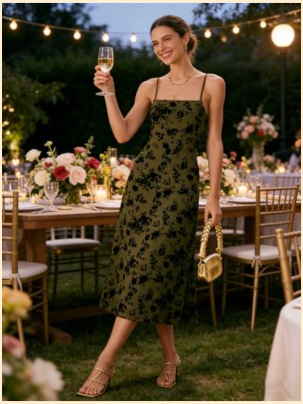 Spaghetti Strap A-Line Midi Dress for Wedding Guest Cocktail Formal - Picture 6 of 7